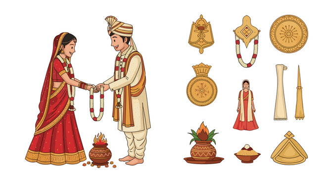 Indian wedding couple vector performing varmala ceremony. Bride and groom exchanging flower garland near holy fire with ritual objects for hindu marriage invitation.