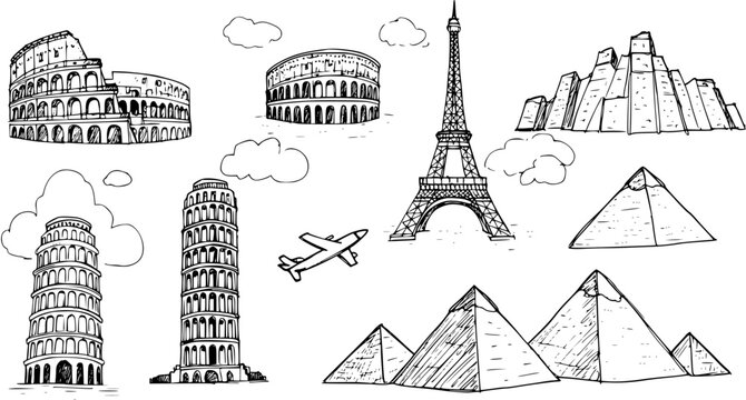 Hand-drawn sketch set of global travel landmarks: Eiffel Tower, Colosseum, Leaning Tower of Pisa, ancient pyramids, and an airplane doodle with clouds.