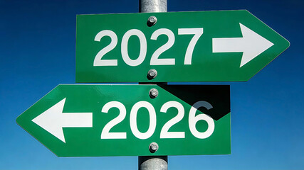 Fototapeta premium Green highway road signs mounted on a metal pole against a clear blue sky, the top arrow pointing right says 2027, the bottom arrow pointing left says 2026. Happy New Year, New Year