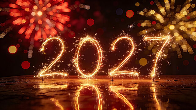 The year 2027 written in glowing sparkler light trails, standing on a reflective surface, dark background with colorful bokeh lights of red and gold fireworks. Happy New Year, New Year