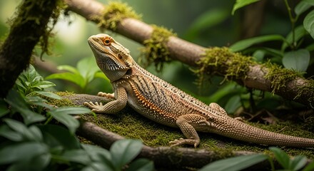 Obraz premium Bearded Dragon in Natural Habitat: A vibrant bearded dragon perches elegantly on a moss-covered branch, surrounded by lush green foliage, showcasing its intricate details and captivating presence.