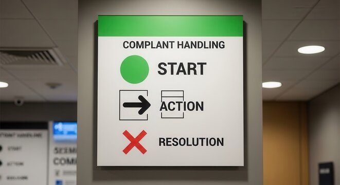 Complaint Handling Process Signage Displayed on a Wall Indicating Steps and Actions Clearly