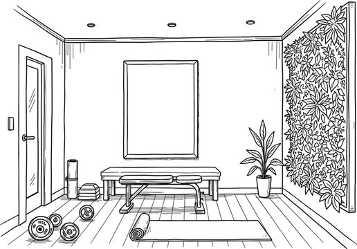 A serene yoga room with equipment and a potted plant, viewed from the doorway on a wooden floor.