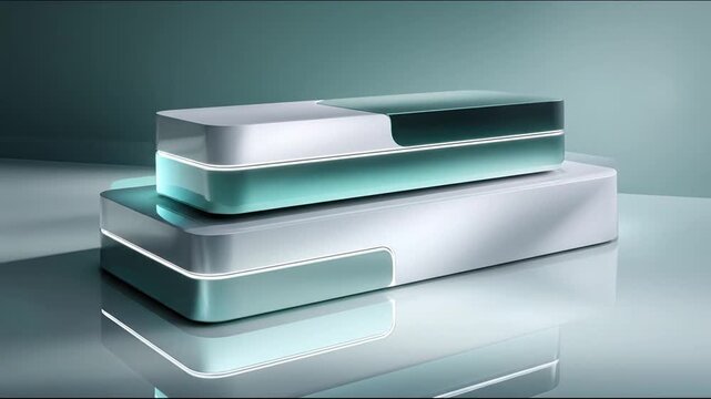 Modern abstract composition of stacked geometric forms with glowing teal accents and a reflective surface