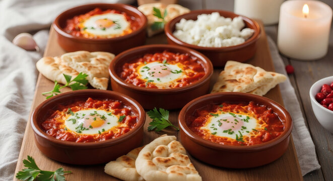 Shakshouka Clay Bowls With Flatbread On Rustic Artisanal Charcuterie Board