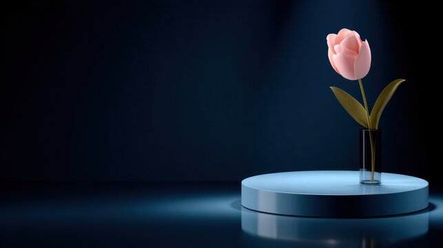 A single pink tulip in a clear vase on a blue podium, against a dark backdrop