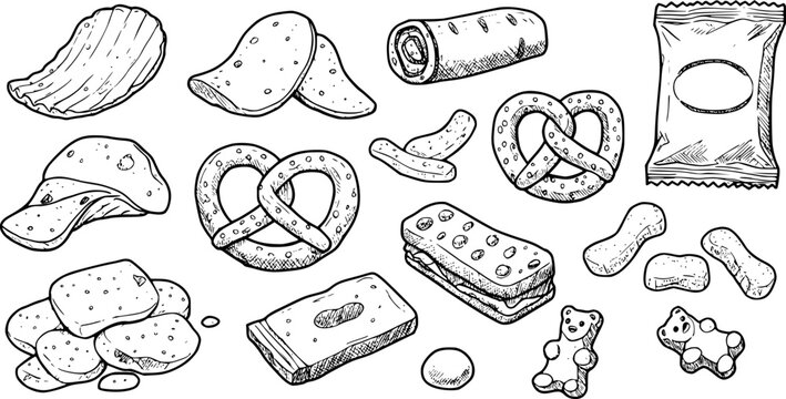 Hand-drawn sketch collection of various snack foods: chips, pretzels, gummy bears, crackers, sandwiches, and more. Black and white line art illustration of popular treats.