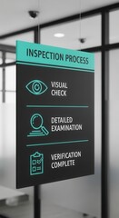 Clear Inspection Process Signage in Modern Office, Visual Check, Detailed Examination, Verification