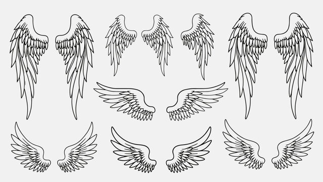 Hand drawn simple angel wings vector sketch collection. Vintage bird feather outline set. Holy heaven flying spirit illustration for tattoo or logo design isolated on white.