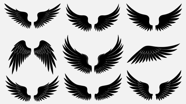 Black simple angel wings vector silhouette set. Dark feather bird flight collection. Holy spirit icon design with white details. Flying eagle tattoo emblem isolated on background.
