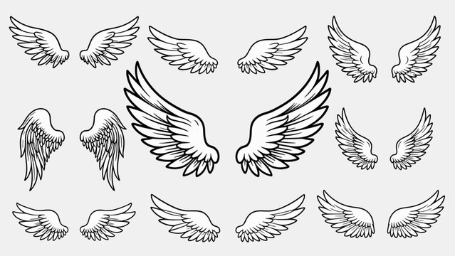 Cute cartoon simple angel wings vector sticker set. Outline flying bird feather illustration collection. Holy spirit heaven symbol for logo or badge design.