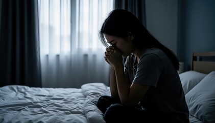 Obraz premium Melancholy in Solitude: A solitary figure sits on the edge of a bed, illuminated by dim light, a poignant depiction of sadness and introspection, conveying a sense of isolation and quiet reflection.