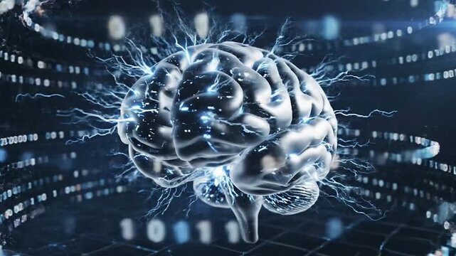 Human brain glowing with electrical impulses connected to digital data