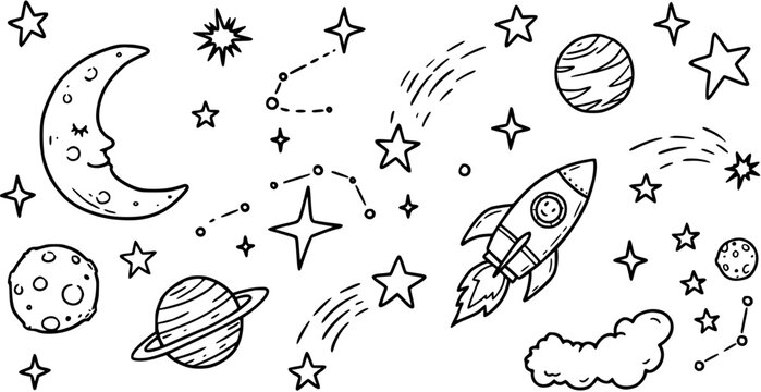 Space Doodle Set: Hand-Drawn Planets, Stars, Moon, Rocket, and Constellations