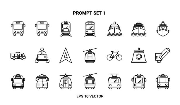 
Transportation line icon set with bus train tram ship cable car and bicycle