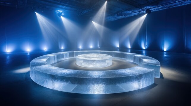 Illuminated circular installation with central structure, bathed in blue light