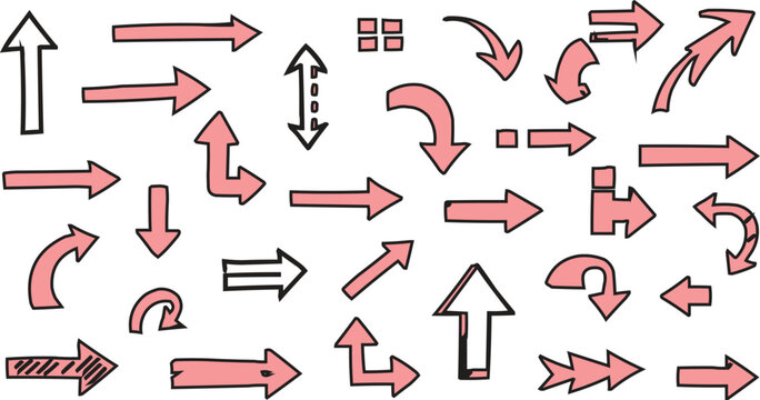The image features a diverse collection of hand-drawn arrows, showcasing a variety of shapes, styles, and orie Each arrow is outlined in black, providing a strong contrast against the muted red fill.