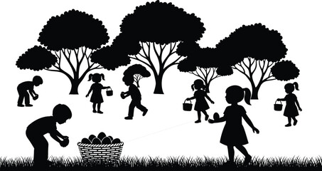 Black silhouette of children hunting for Easter eggs in a park with trees and grass background for spring holiday celebration greeting cards and posters © MstNasrin