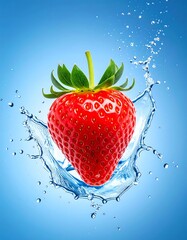 A ripe strawberry surrounded by splashing water against a blue backdrop