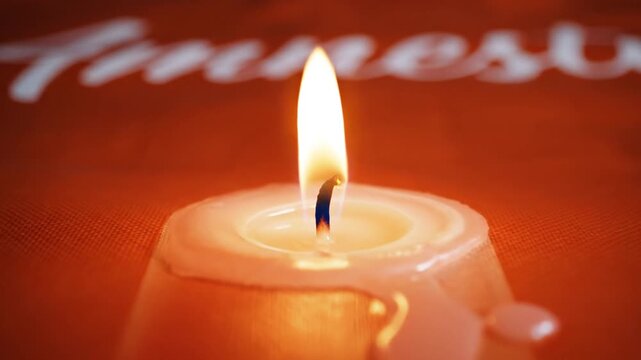 Burning candle on Amnesty International orange banner in darkness