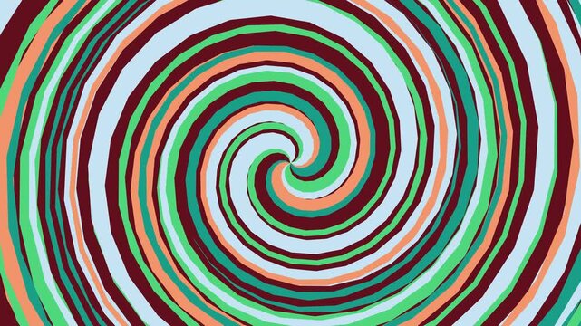 A vibrant spiral pattern rotating clockwise with multicolored stripes in a hypnotic motion