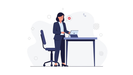 Fototapeta premium Businesswoman working on tablet at office desk with chair, modern flat illustration