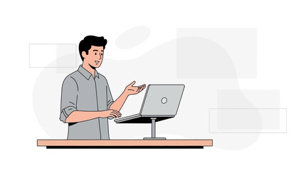 Man presenting online, talking to laptop, remote work, digital communication