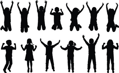 Obraz premium Set of 13 black silhouettes featuring diverse children jumping, cheering, and celebrating, representing youth energy and playful activity