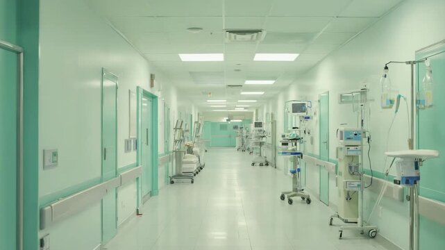 Hospital Corridor with Medical Equipment Moving Forward Cinematic Stock Footage