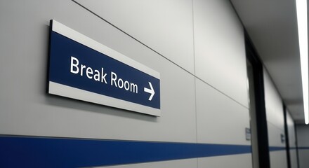 Obraz premium Directional Sign to Break Room in Modern Office Environment on Gray Wall Background