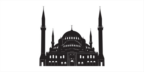 Fototapeta premium Black silhouette of a mosque with dome and minarets on a white background Islamic architecture