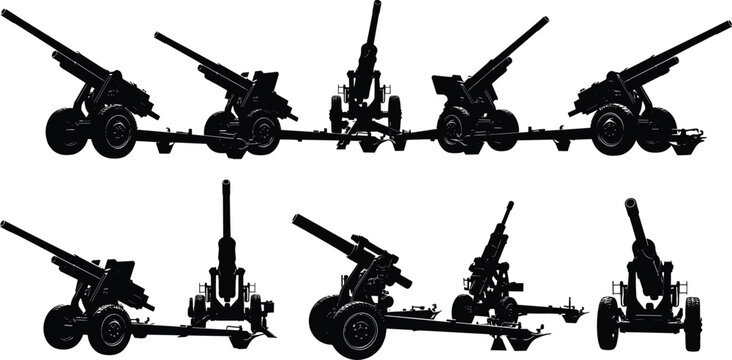 Military artillery cannon and howitzer silhouette collection set from various angles for army combat warfare history and tactical weapon system designvMilitary artillery cannon and howitzer silhouette