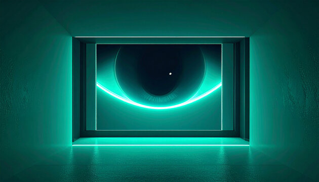 Abstract glowing eye in minimal neon room. Modern sci fi design, digital awareness concept and futuristic technology background.