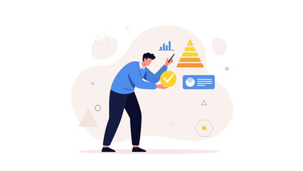 Business strategy, planning pyramid, data analysis, man presenting success