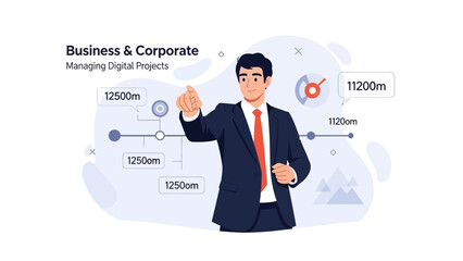 Businessman Managing Digital Projects with Data Visualization