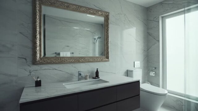 Modern bathroom interior with a large mirror above a white sink and dark cabinets, set against a marble wall with a bathtub and window. Perfect for home decor, interior design, and