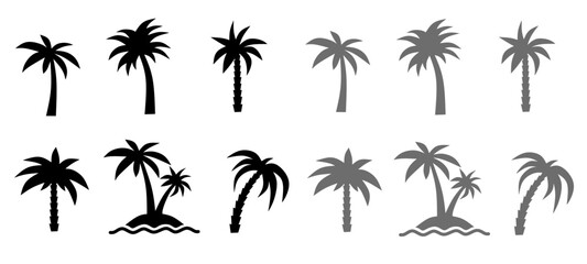 Set of palm trees icon. Palm tree silhouette collection featuring various tropical coconut tree shapes, island elements, and summer vacation icons © NaRa