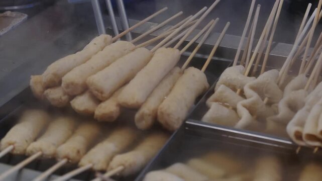 Eomuk, korean style Hot soup and steamed fish cake street food sold at the market