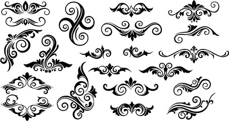 Elegant vector set of vintage black flourishes, ornate floral scrolls, calligraphic borders, and decorative swirly dividers for retro design and adornment. © kulinadsgn