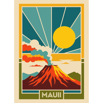 Volcano eruption with sun and clouds, Maui retro travel poster