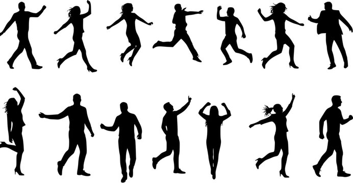 Collection of energetic and happy people silhouettes: men and women jumping, running, dancing, and celebrating success in various dynamic poses on a white background.