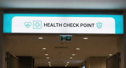 Health Check Point Signage In A Modern Building, Promoting Healthcare And Safety