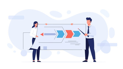 Fototapeta premium Business Team Presenting Workflow Diagram with Arrows and Steps