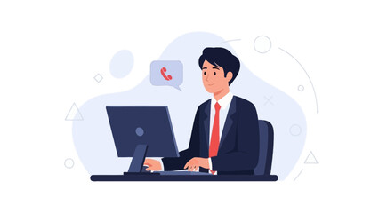 Businessman working on computer with phone call icon, customer support concept