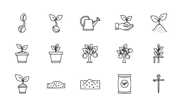 Sprout and plant care outline icon set vector horticulture and growing symbols isolated on transparent background