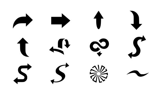 Curved arrow glyph icon set vector long and looped blue arrows isolated on transparent background