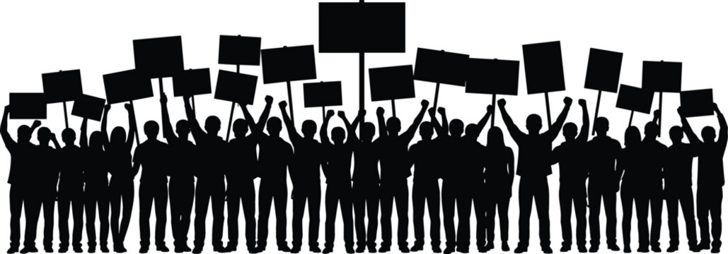 Black silhouette illustration of a large group of protesters holding signs and placards during a public demonstration