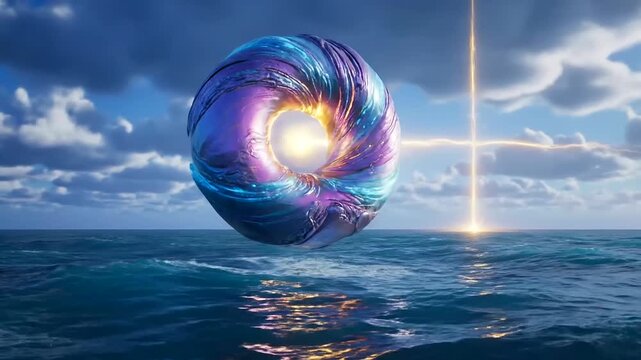 Embrace the future as Financial wellness apps are represented by a mesmerizing, glowing object above turbulent waters, guiding towards prosperity.