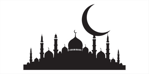 Elegant ramadan islamic symbols and mosque silhouettes on white background crescent moon lanterns and prayer beads © Topu
