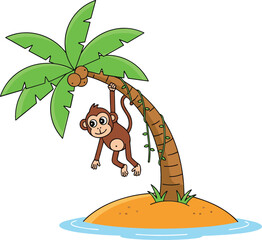 Cute cartoon monkey hanging from a palm tree on a small tropical island in the middle of the ocean © Bappi